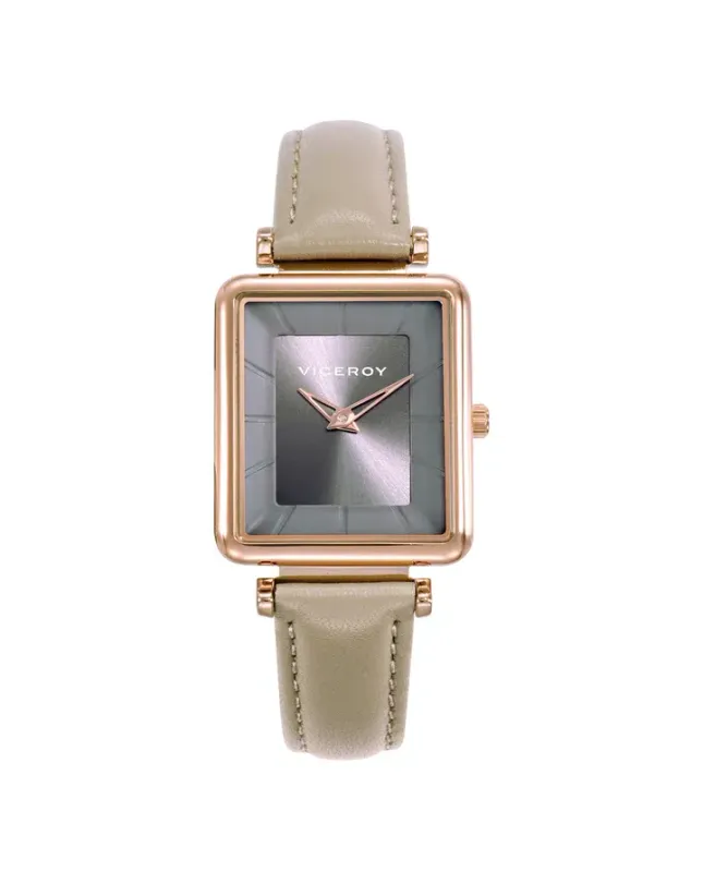 Reloj caja de acero Ip rosa y correa de piel beige con movimiento cuarzo