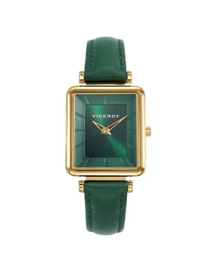 Reloj caja de acero Ip dorado y correa de piel verde con movimiento cuarzo
