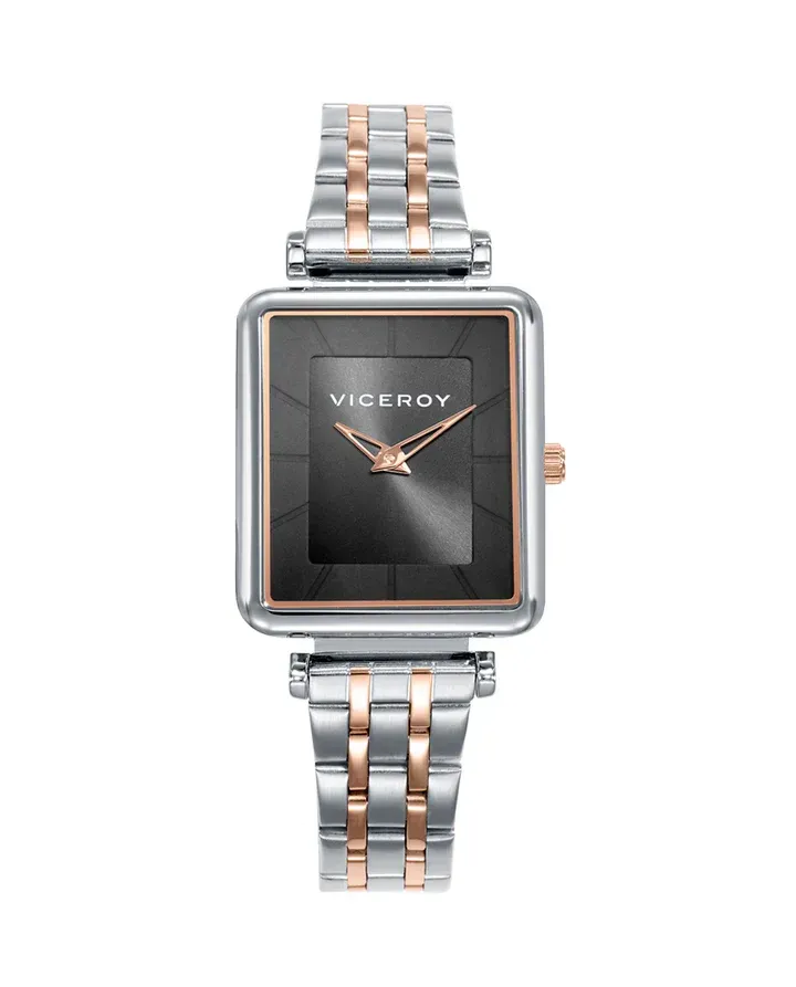 Reloj caja acero con corona en Ip rosa y brazalete bicolor acero Ip rosa con movimiento cuarzo