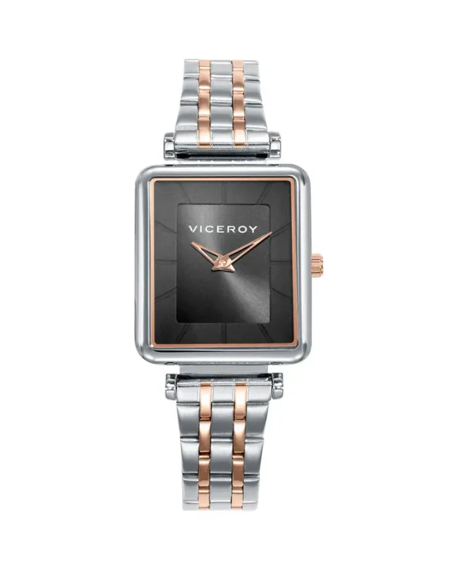 Reloj caja acero con corona en Ip rosa y brazalete bicolor acero Ip rosa con movimiento cuarzo