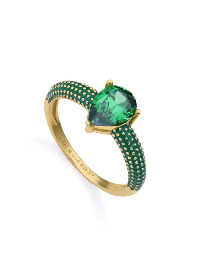 Anillo de plata de primera ley con baño de oro con esmalte y circonita verde
