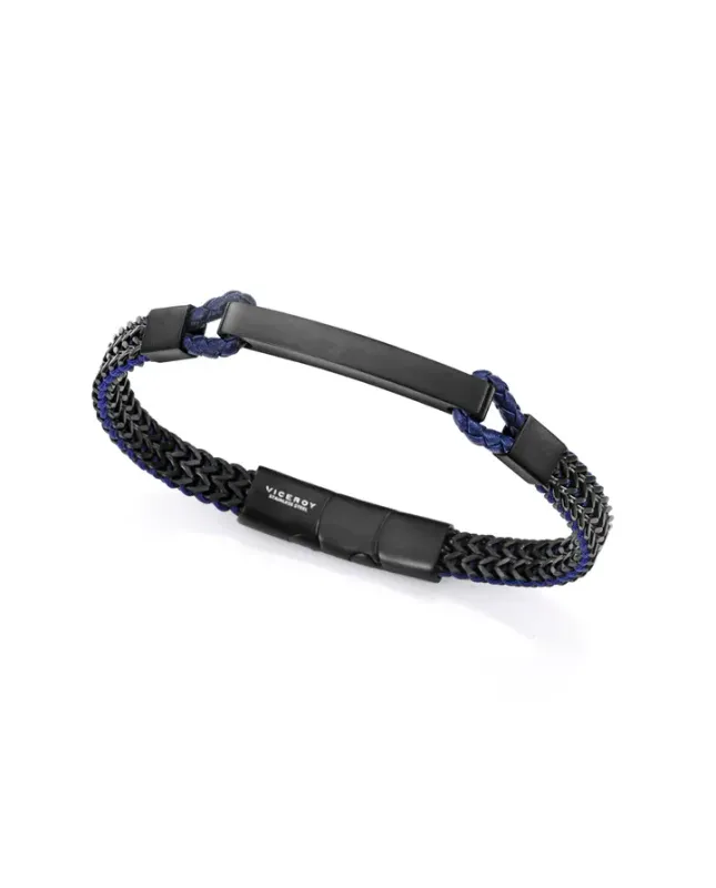 Pulsera de hombre de acero Ip negra trenzada con piel azul