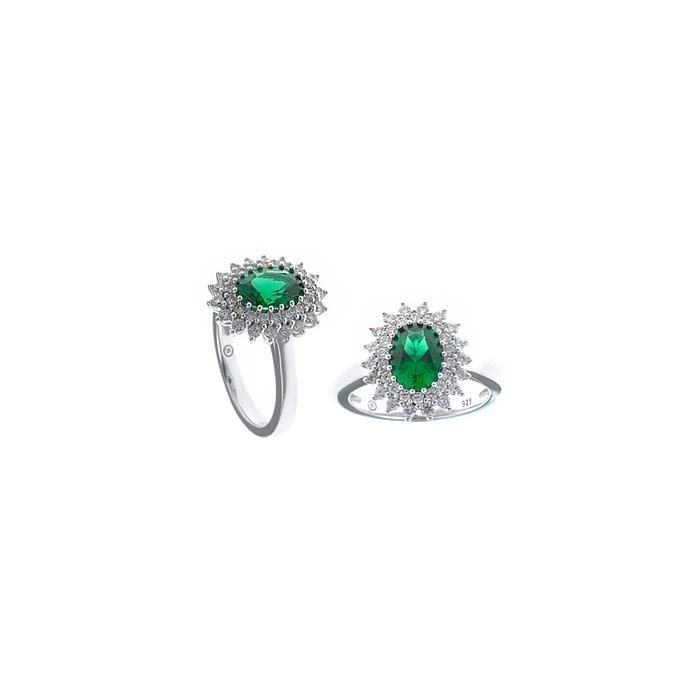 Anillo Salvatore Legacy Plata Baño Rodio, Circonitas blancas y Verde Esmeralda