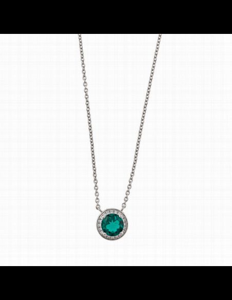 Colgante de Plata con baño de rodio. Orla de circonitas con esmeralda central facetada.