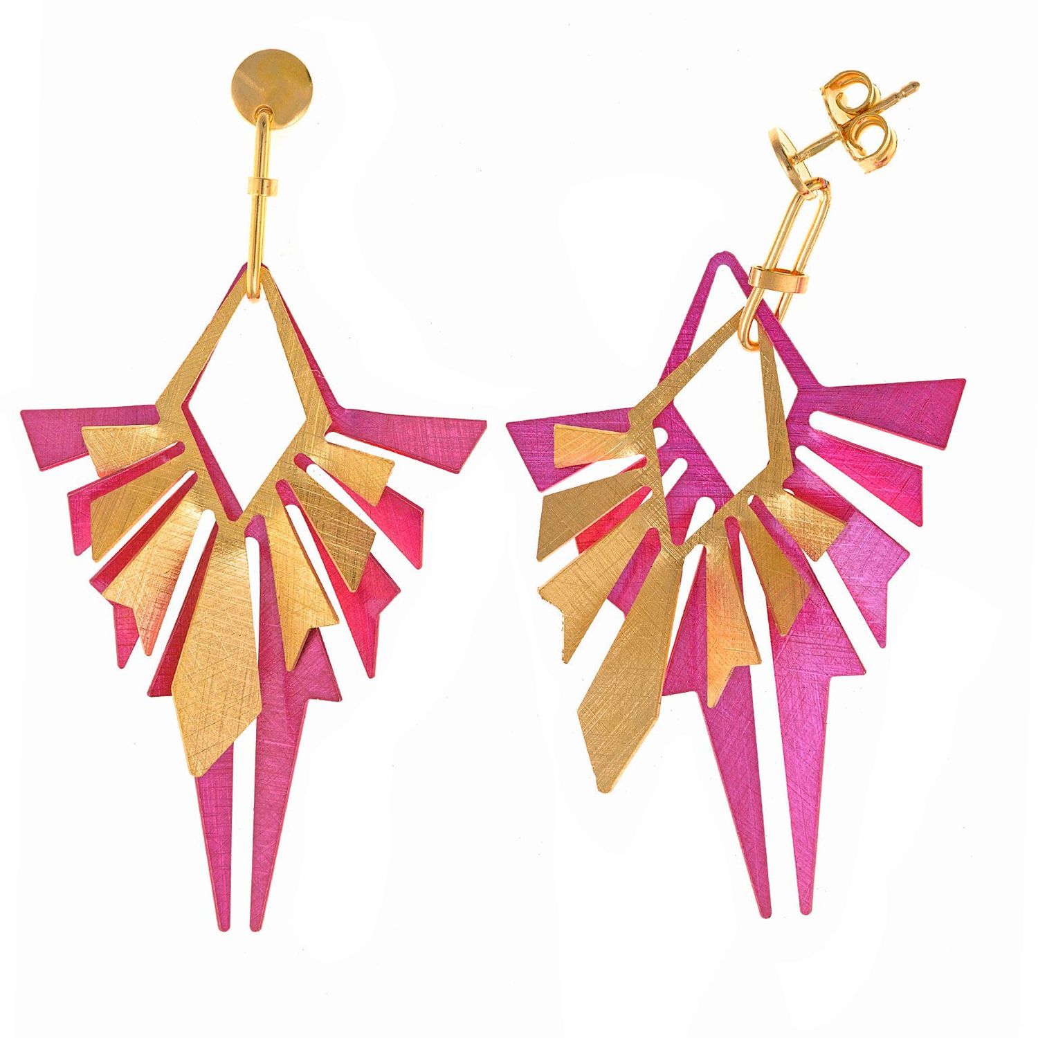PENDIENTE PLATA 925 BAÑO ORO ROMBOS DIAMANTE ESMALTE FUCSIA