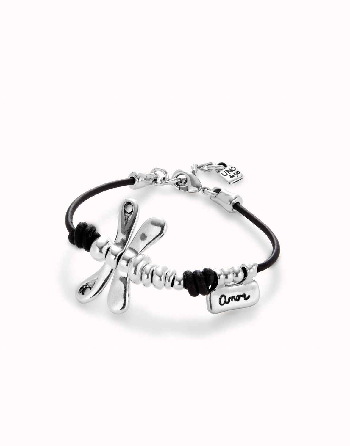Pulsera de cuero con libélula bañado en plata de ley