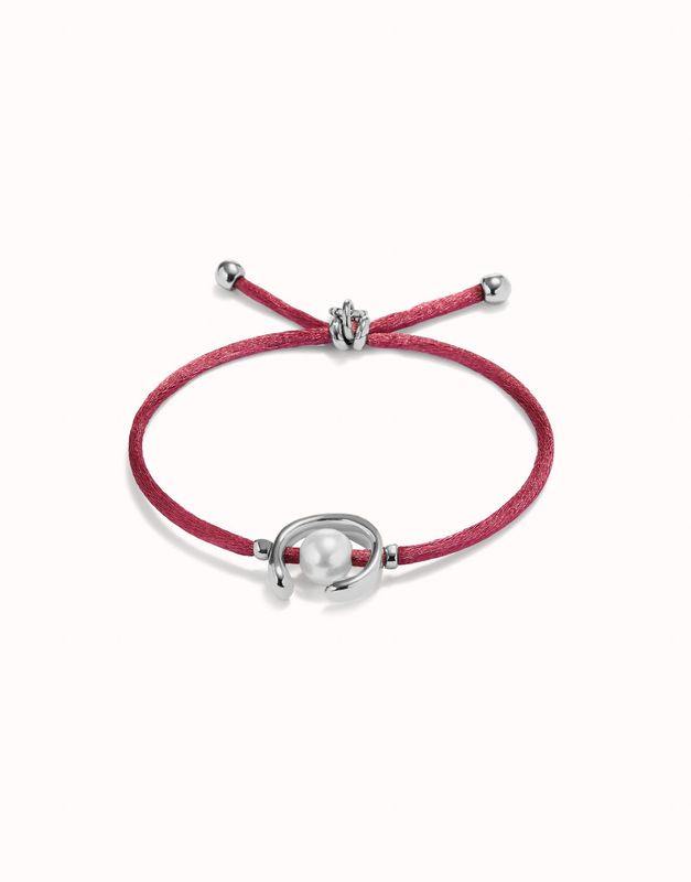 Pulsera de hilo malva con perla shell fornitura bañada en plata de ley.
