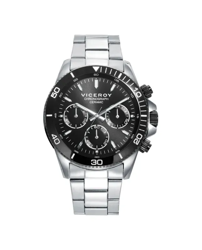 Reloj caja de acero con bisel cerámico negro 5 atm y brazalete de acero con movimiento cuarzo