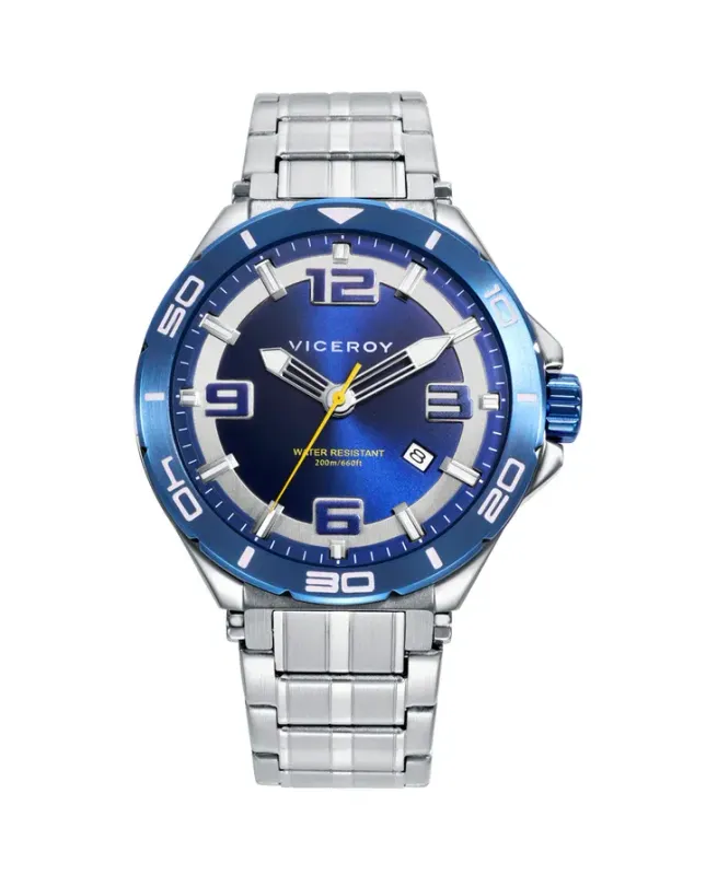 Reloj caja de acero con bisel azul 20 atm y brazalete de acero con movimiento cuarzo