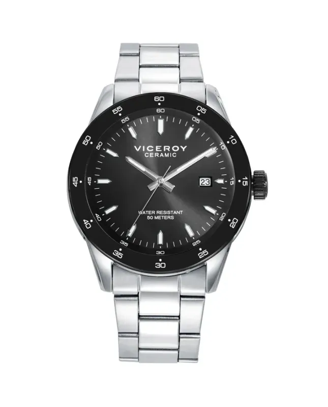 Reloj caja de acero con bisel cerámico negro 5 atm y brazalete acero con movimiento cuarzo