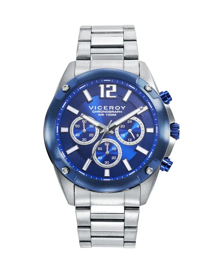 Reloj caja de acero con bisel Ip azul 10 atm y brazalete de acero con movimiento cuarzo
