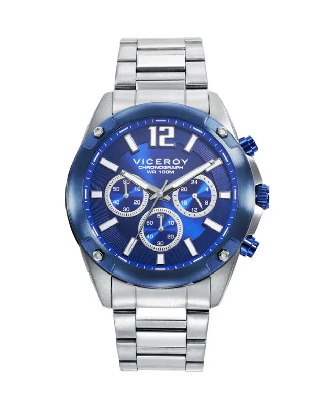 Reloj caja de acero con bisel Ip azul 10 atm y brazalete de acero con movimiento cuarzo