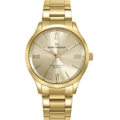 Reloj caja de acero Ip dorado 10 atm y brazalete de acero Ip dorado con movimiento cuarzo