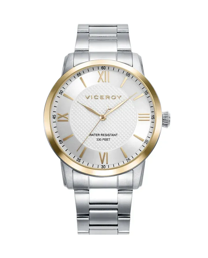 Reloj de acero con esfera blanca de números romanos y bisel dorado