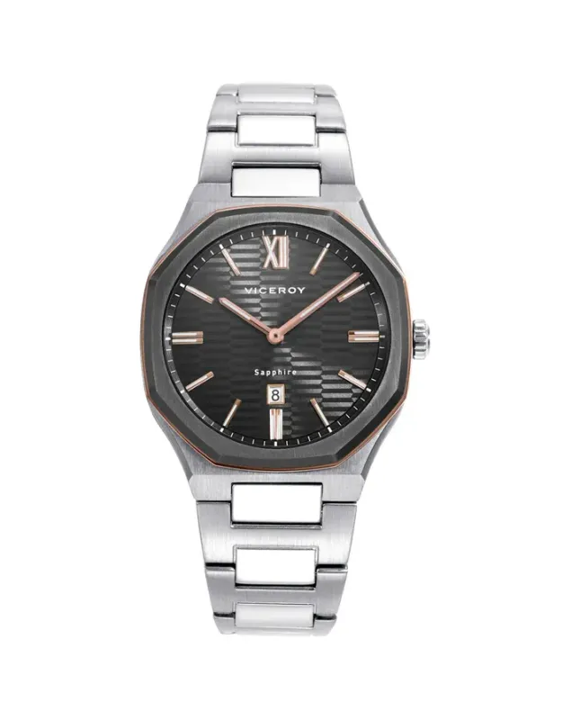 Reloj colección Laura Escanes caja de acero con doble bisel en Ip gris y rosa con cristal zafiro 10 atm y brazalete de acero con movimiento cuarzo Reloj colección Laura Escanes caja de acero con doble bisel en Ip gris y rosa con cristal zafiro 10 atm y brazalete de acero con movimiento cuarzo