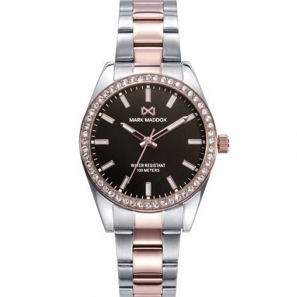 Reloj de mujer Shibuya de esfera marrón y bisel rosado con circonitas