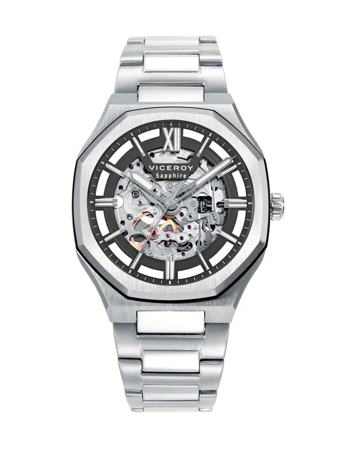 Reloj colección Laura Escanes, caja de acero con bisel negro con cristal zafiro 10 atm y brazalete de acero con movimiento automatico