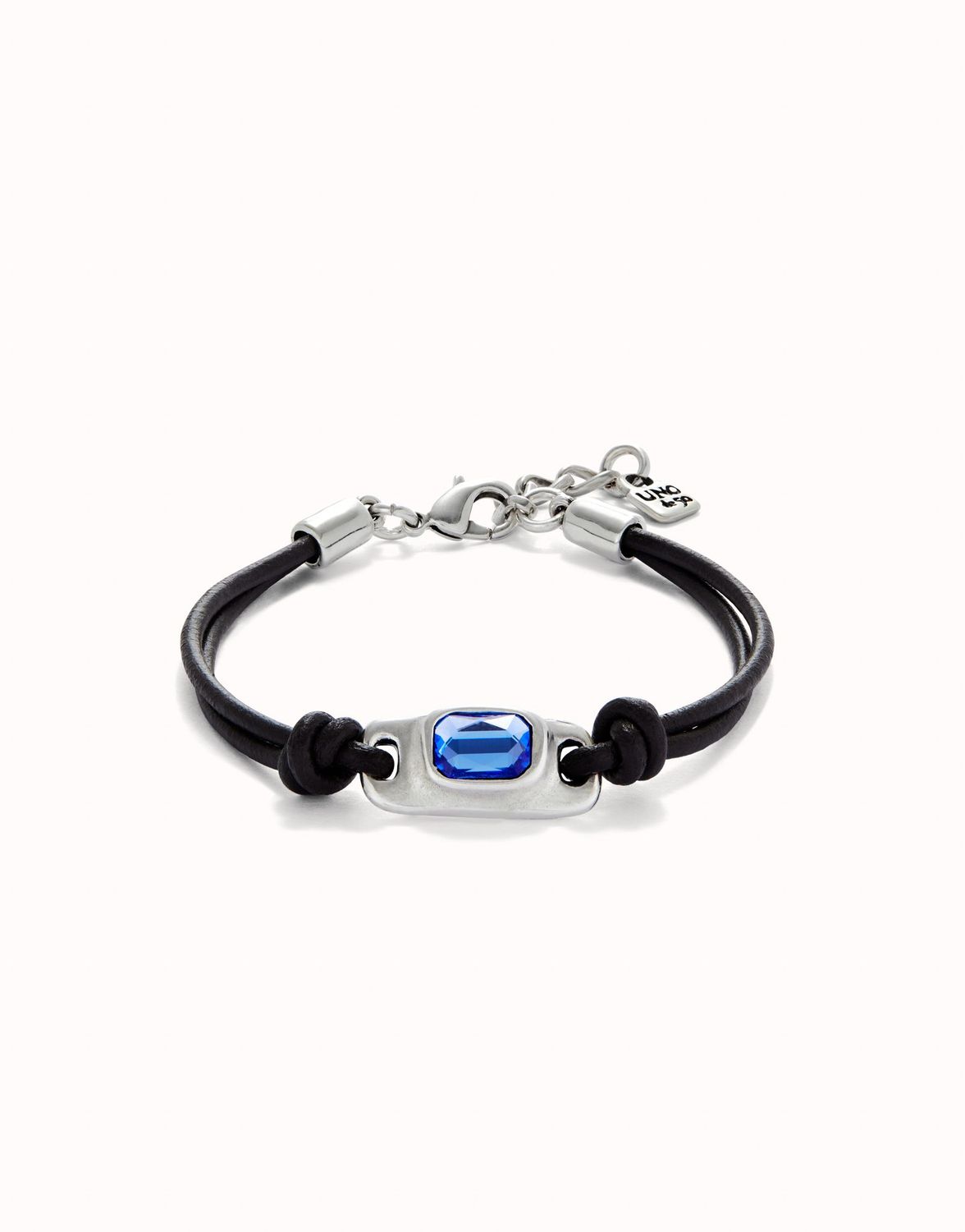 Pulsera de cuero bañada en plata de ley con cristal azul