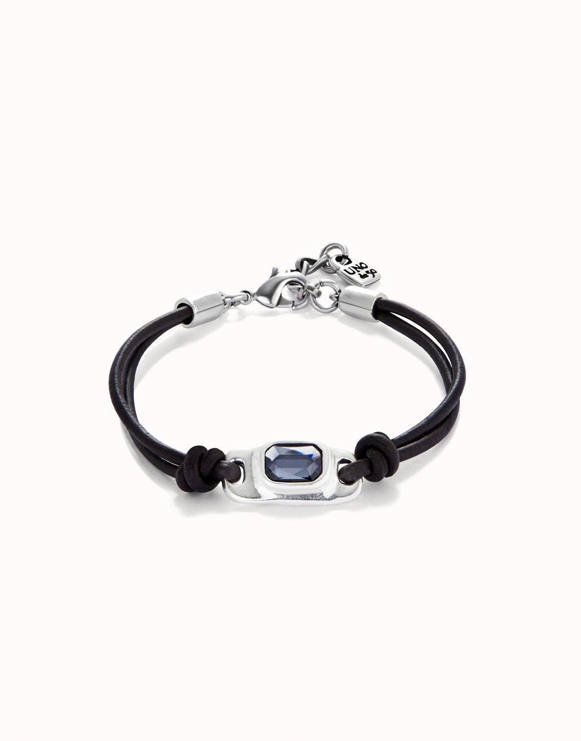 Pulsera de cuero bañada en plata de ley con cristal gris