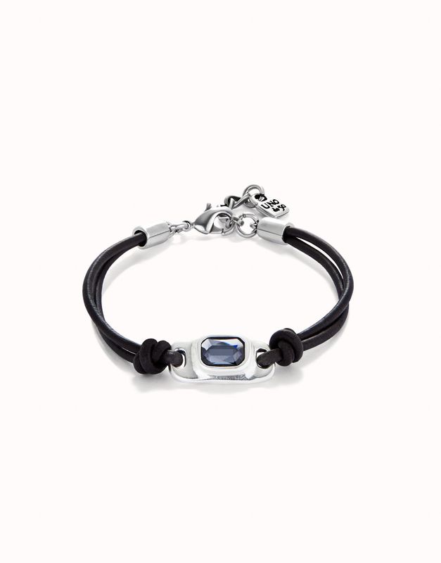 Pulsera de cuero bañada en plata de ley con cristal gris