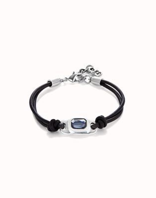 Pulsera de cuero bañada en plata de ley con cristal gris