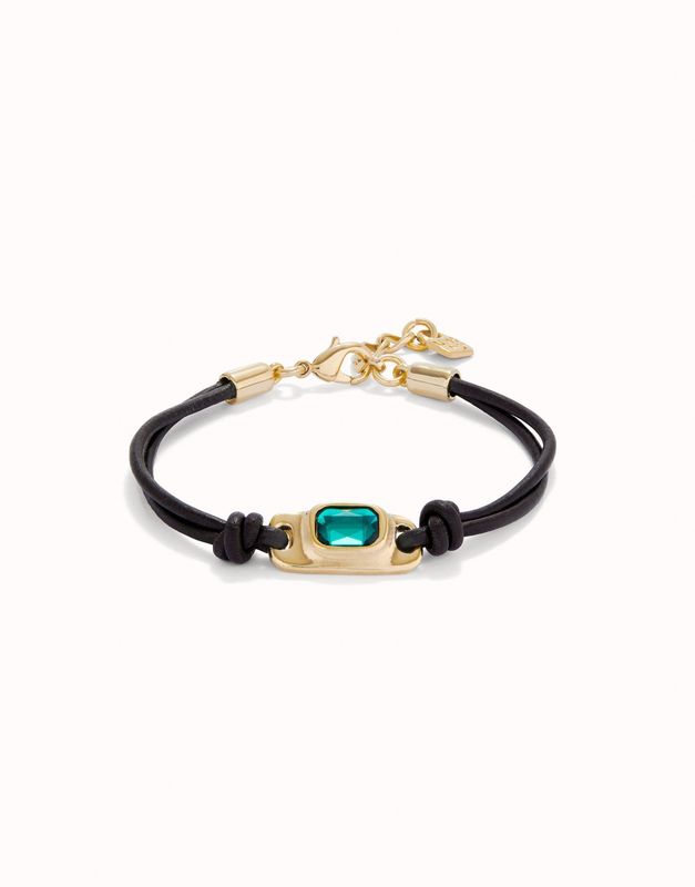 Pulsera de cuero bañada en oro 18k con cristal verde