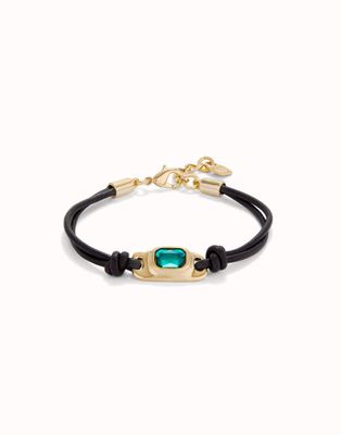Pulsera de cuero bañada en oro 18k con cristal verde
