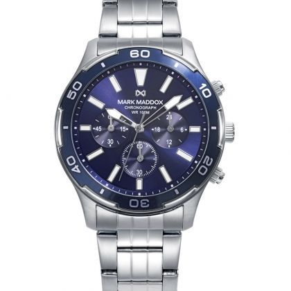 Reloj caja de acero con bisel azul 10 atm y brazalete de acero con movimiento cuarzo