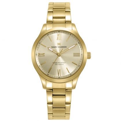 Reloj caja de acero Ip dorado 10 atm y brazalete de acero Ip dorado con movimiento cuarzo