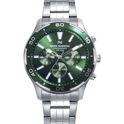 Reloj caja de acero con bisel verde 10 atm y brazalete de acero con movimiento cuarzo