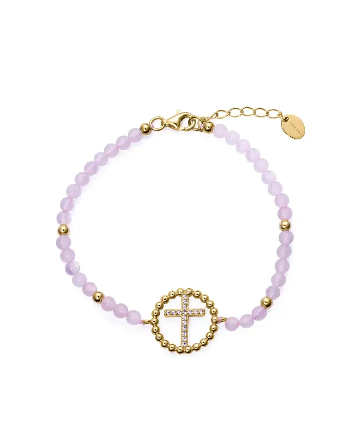 Pulsera de niña plata de primera ley con baño de oro y piedras naturales con cruz de motivo