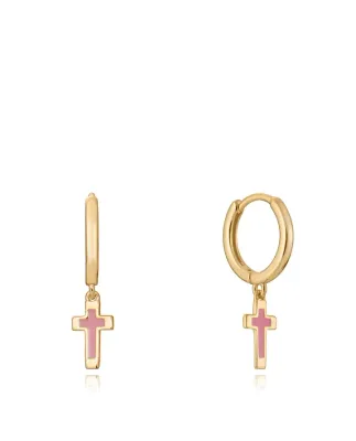 Pendientes Sweet de plata bañados en oro con cruz de esmalte rosa