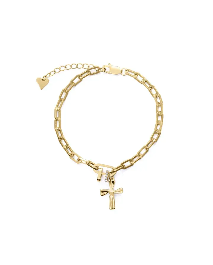 Pulsera de niña plata de primera ley con baño de oro, circonitas blancas y cruz colgante