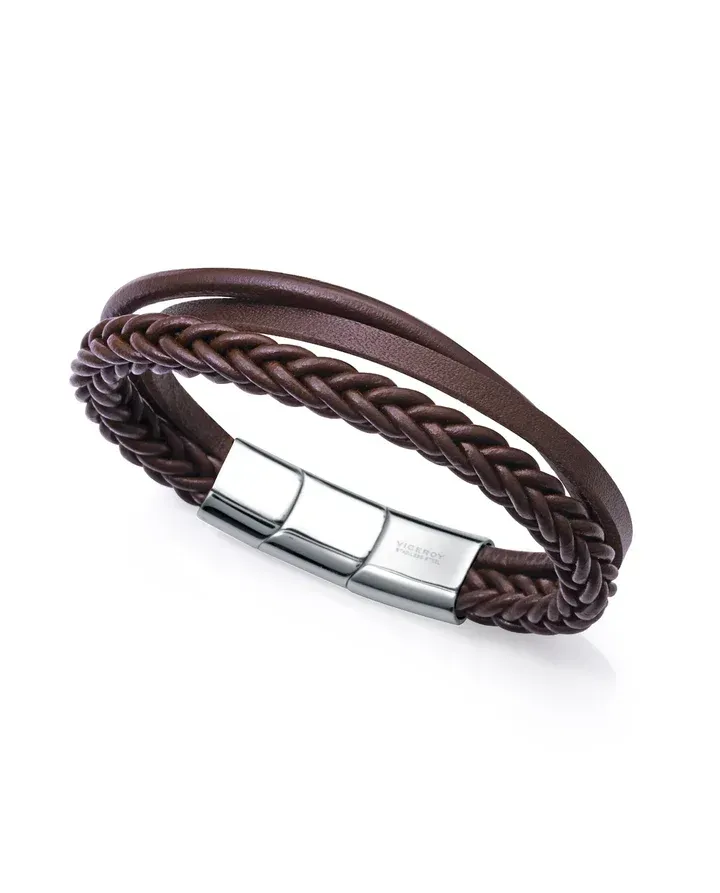 Pulsera de piel marrón múltiple con piel trenzada y lisa