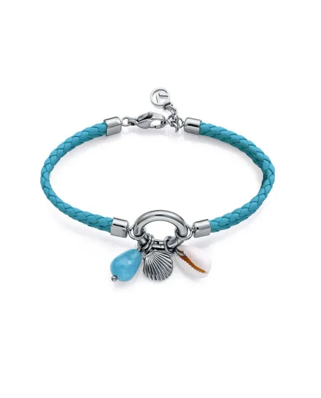 Pulsera de mujer de acero y piel azul doble trenzada