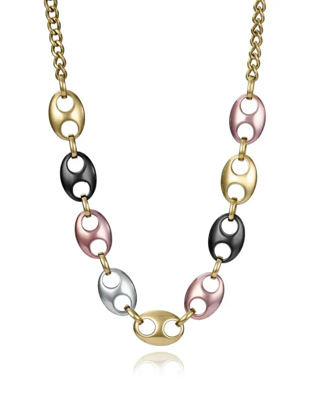 Collar de mujer de acero tipo calabrote con Ip dorado, negro y rosa