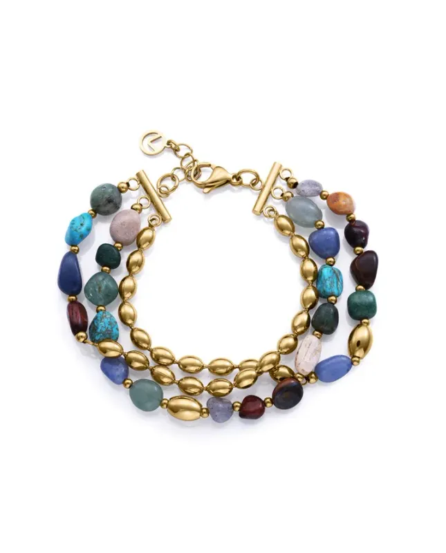 Pulsera de mujer de acero Ip dorado múltiple con piedras naturales