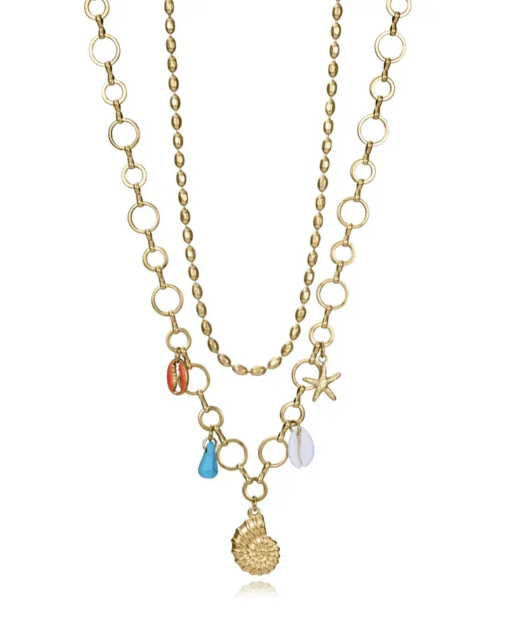 Collar de mujer de acero Ip dorado con colgantes de concha natural, piedra sintética y acero