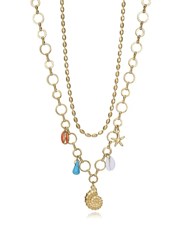 Collar de mujer de acero Ip dorado con colgantes de concha natural, piedra sintética y acero