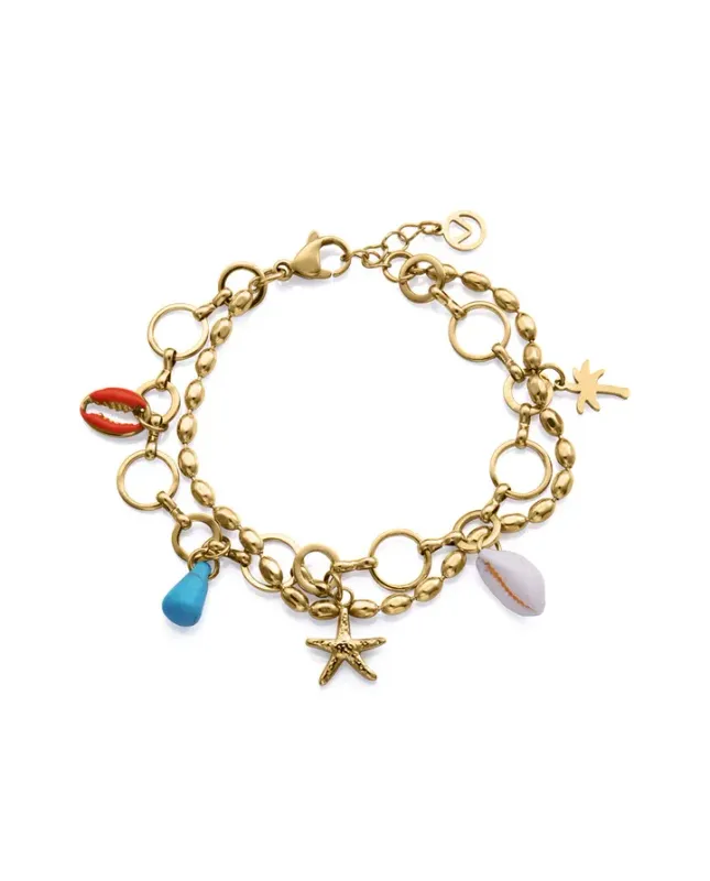 Pulsera de mujer de acero Ip dorado con colgantes de concha natural, piedra sintética y acero