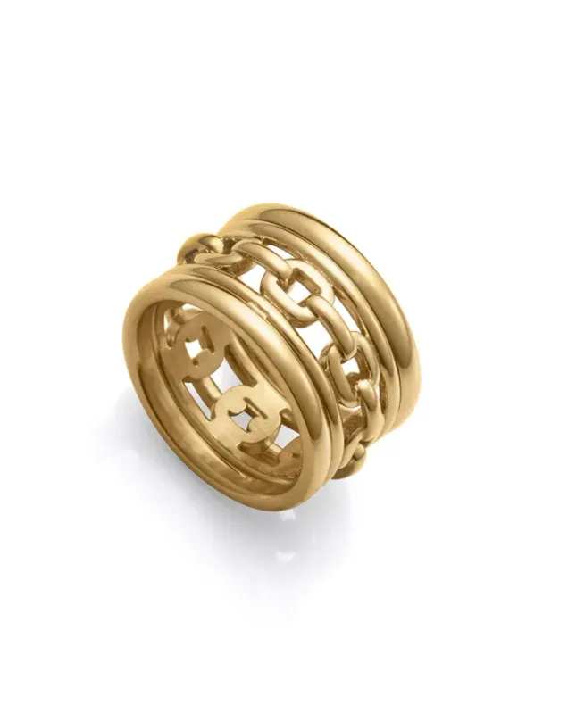 Anillo de mujer de acero Ip dorado ancho cadena