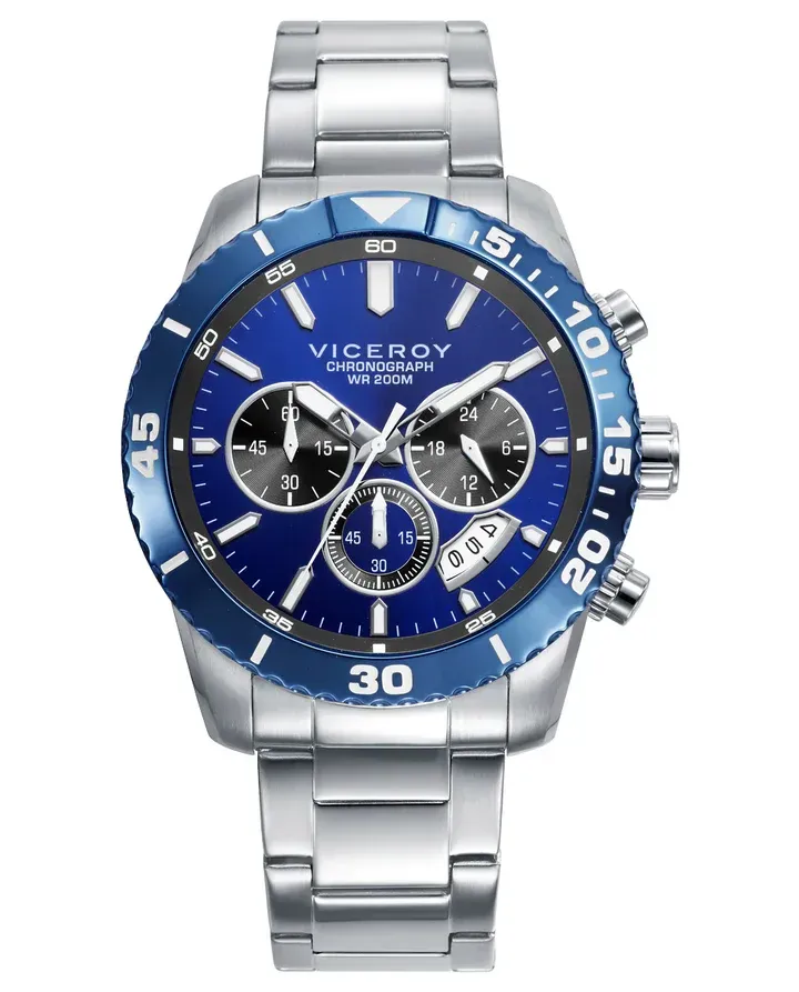 Reloj caja bitono de acero Ip azul 20 Atm,brazalete de acero, movimiento cuarzo