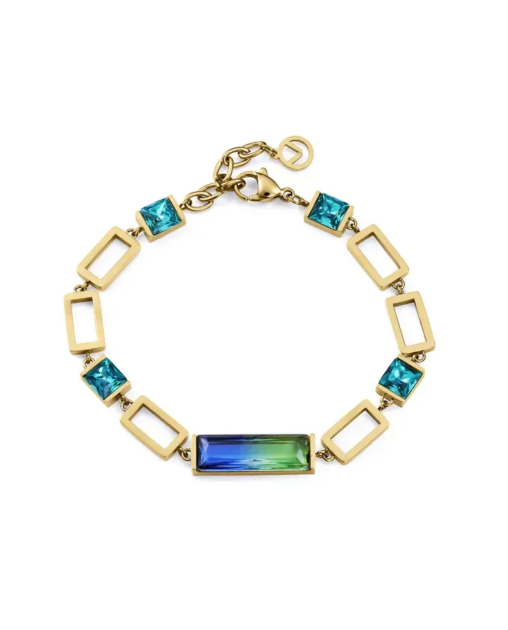 Pulsera de mujer de acero Ip dorado con cristales verdes y azul