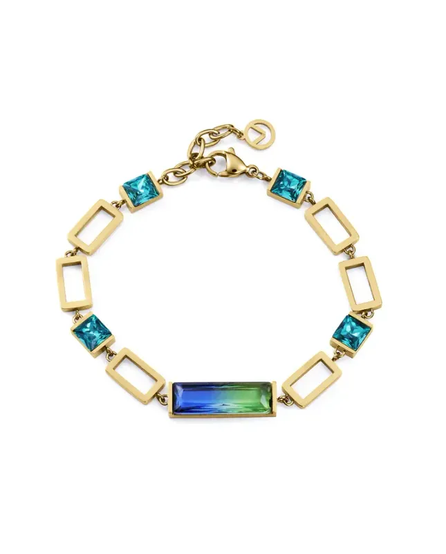Pulsera de mujer de acero Ip dorado con cristales verdes y azul