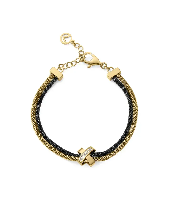 Pulsera de mujer de acero Ip dorado y negro doble esterilla redonda con una X con circonitas