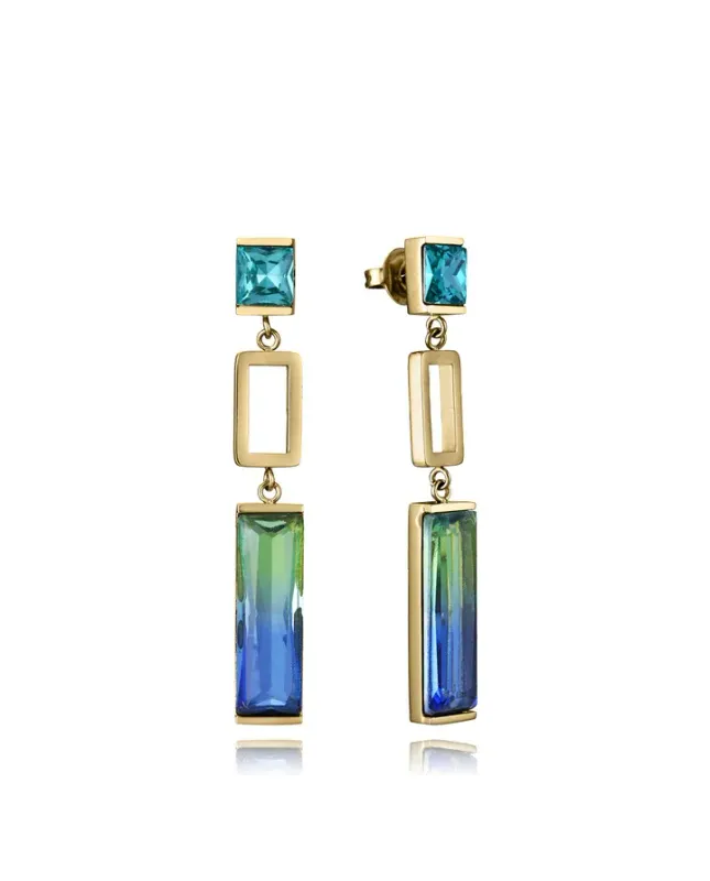 Pendientes de mujer de acero Ip dorado con cristales verde y azules colgante