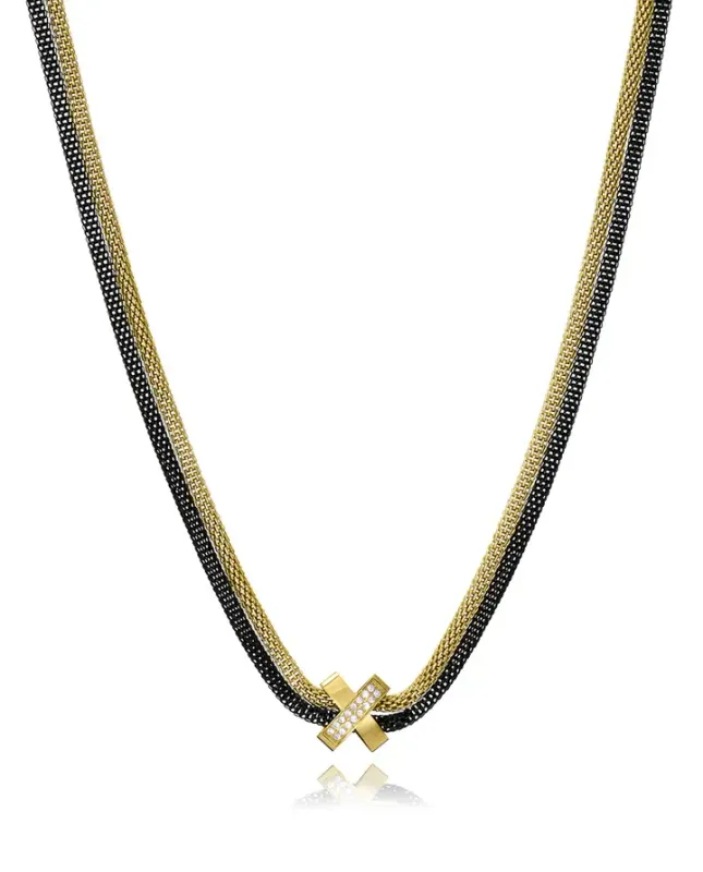 Collar de mujer de acero Ip dorado y negro doble esterilla redonda con una X con circonitas