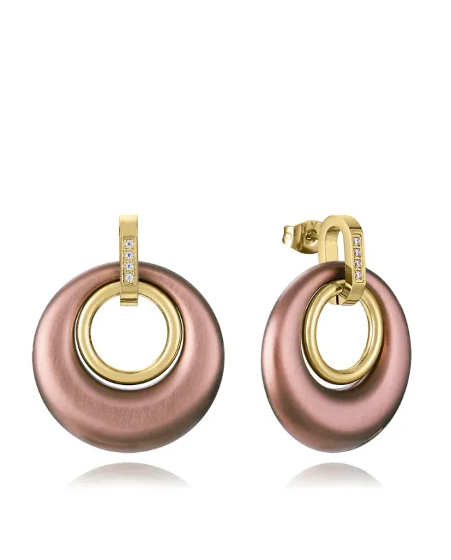 Pendientes de mujer de acero Ip marrón y dorado con circonitas blancas y aros colgantes