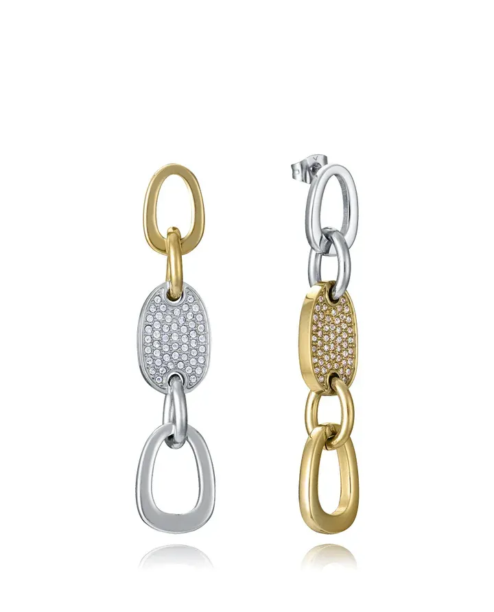 Pendientes de mujer de acero e Ip dorado colgante con eslabones y circonitas blancas