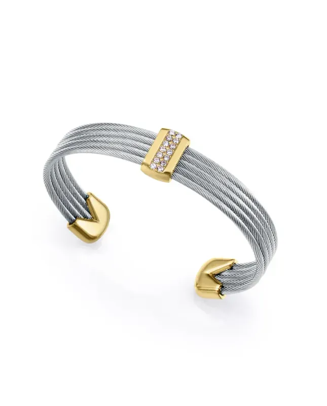 Pulsera de mujer de acero Ip dorado multiples cables unido con barra con circonitas